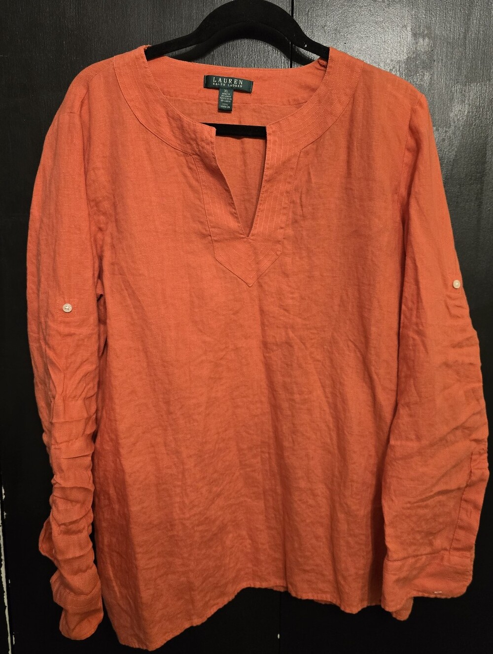 Vibrant Orange Lauren Ralph Lauren 100% Linen Tunic w/ Split V-neckline Size XL